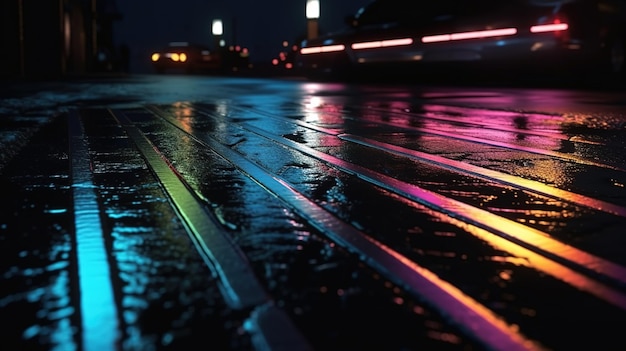 Urban Reflections of Neon Lights on Wet Asphalt Texture Generative AI