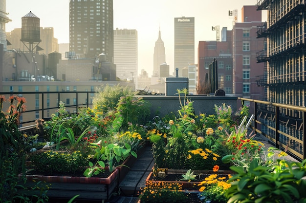 Urban Rooftop Garden Abundant with Greenery