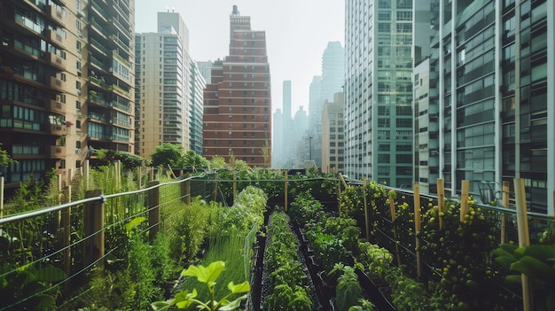 Photo urban rooftop garden brimming with various green plants set against a serene cityscape with tall buildings