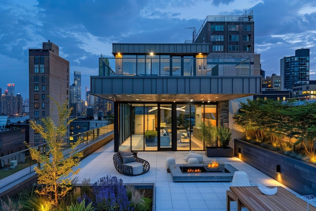 Photo urban rooftop garden at dusk