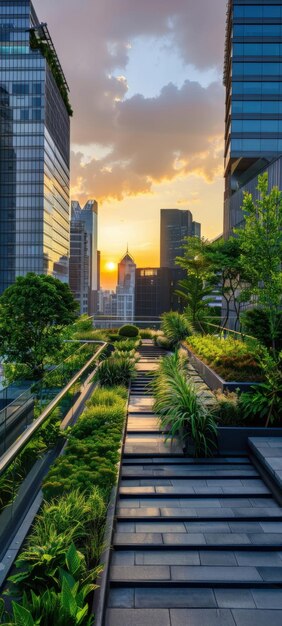 Photo an urban rooftop garden at sunset with a mix of modern skyscrapers and lush greenery