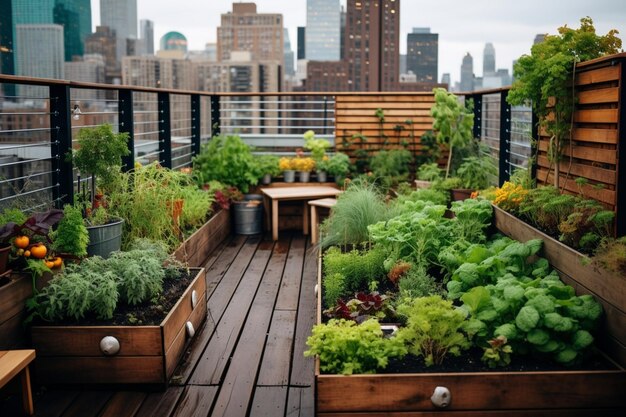 Photo urban rooftop garden with potted plants