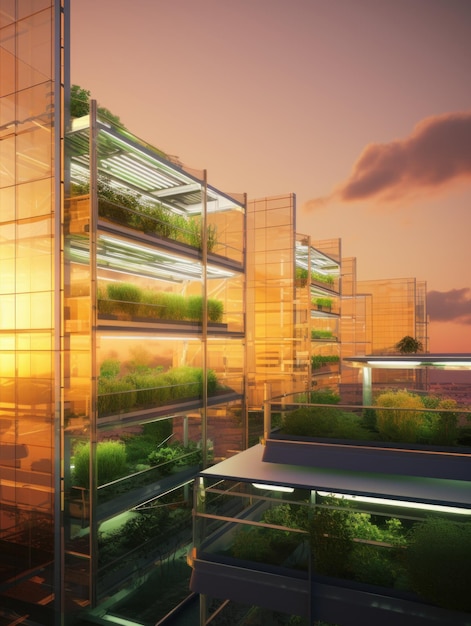 Urban Rooftop Greenhouse at Sunset