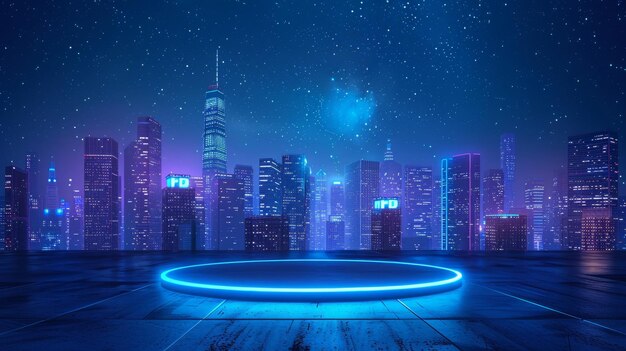 Urban Rooftop Scene with 3D Light Podium and Neon Blue Accents