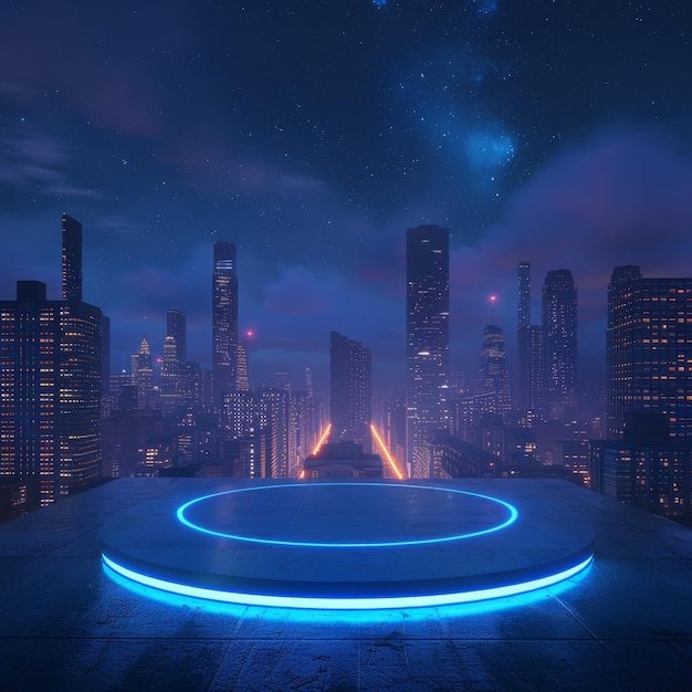 Urban Rooftop Scene with 3D Light Podium and Neon Blue Accents