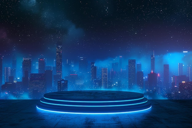 Urban Rooftop Scene with 3D Light Podium and Neon Blue Accents