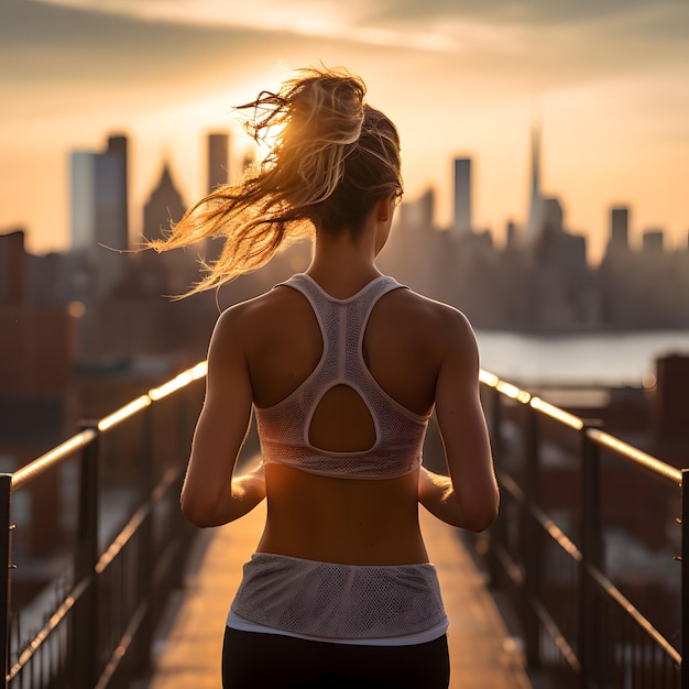 Urban runner at noon arriving in the city