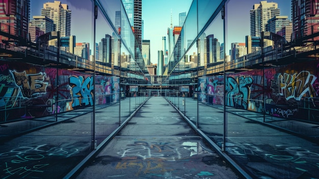 Photo urban scene with reflection of city buildings on glass walls graffiti on street and modern architecture in background