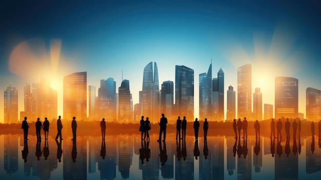 Urban setting with silhouettes of people walking against blurred cityscape