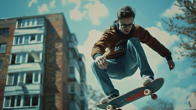 Urban skateboarder performing a jump trick youth sports scene casual streetwear fashion with a dynamic motion modern city backdrop skateboarding lifestyle AI