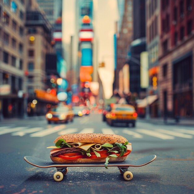 Photo urban skateboarding with a gourmet sandwich