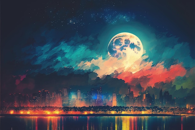 Urban skyline lit up with colorful lights during a full moon night scene Fantasy concept Illustration painting Generative AI