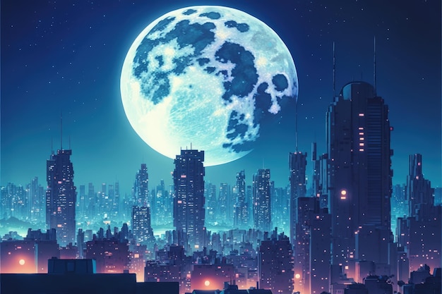 Urban skyline lit up with colorful lights during a full moon night scene Fantasy concept Illustration painting Generative AI