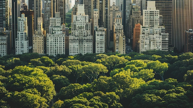 Photo urban skyline overlooking lush green central park during bright daylight in new york city