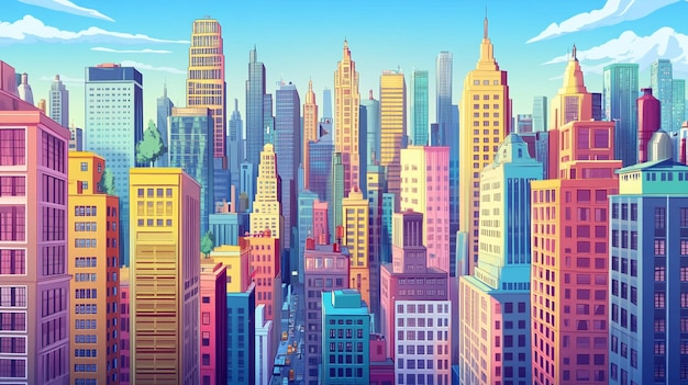 Urban Skyline Painting Cityscape with Towering Skyscrapers