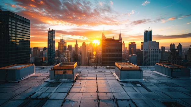 Photo urban skyline with skyscrapers at sunset viewed from rooftop