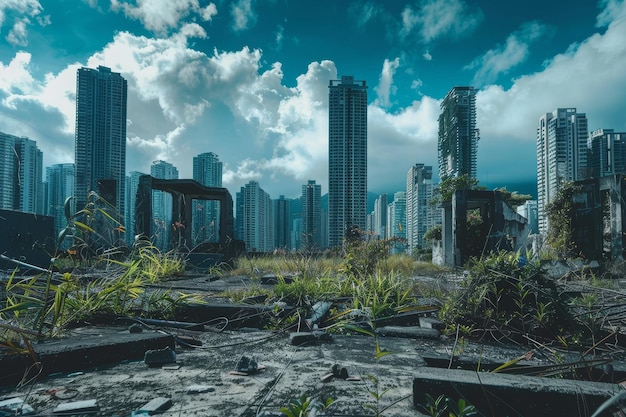 Urban Skyline With Tall Buildings A postapocalyptic city skyline with crumbling buildings and overgrown vegetation reclaiming the urban landscape