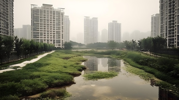 Urban Skyscraper Skyline Reflecting in River with Foggy Landscape