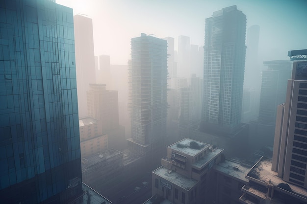 Urban skyscrapers fog travel Generate Ai