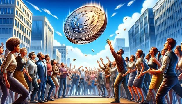 Urban Spectacle with Giant Floating Coin Above Crowd