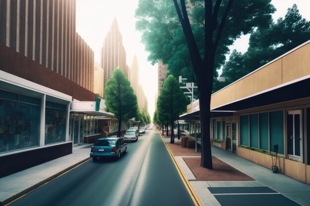 Urban street in city with modern buildings and trees created using generative ai technology