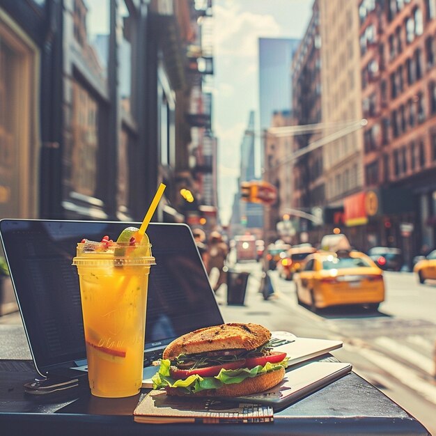 Photo urban street scene featuring a laptop adorned with a sandwich and beverage