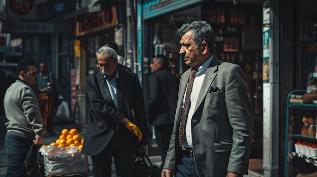 Photo urban street scene highlighting economic disparity with businessman and street vendor