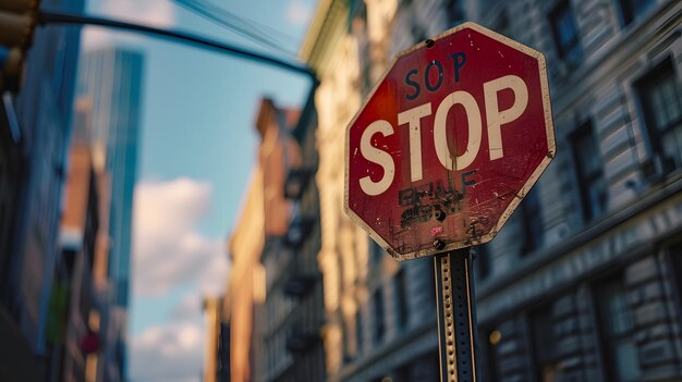 Urban street scene at sunset with a prominent stop sign cars and bare trees lining the road