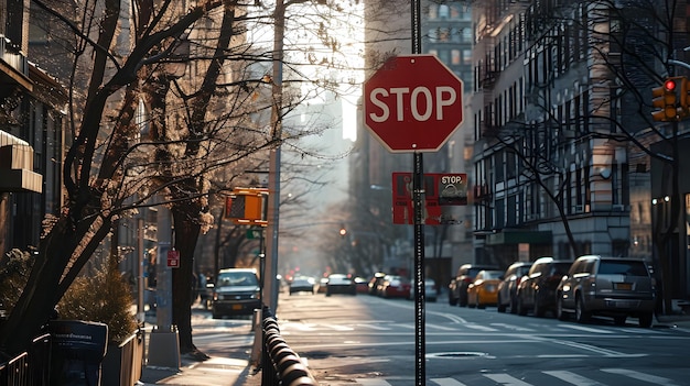 Urban street scene with a stop sign sunlit avenue with trees and parked cars in a city at dawn or dusk