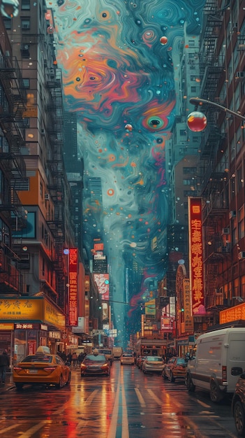 Urban street with swirling cosmic sky and floating spheres