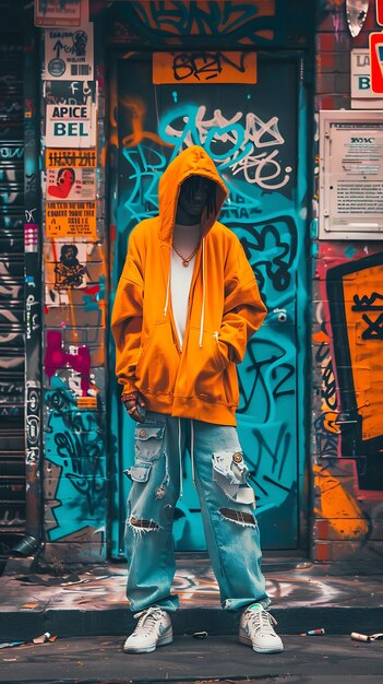 Photo urban streetwear model dressed in a mix of oversized hoodies high fashion forward boutique style