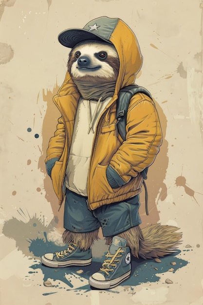 Urban streetwear tshirt design of a sloth wearing a hoodie shorts all star boots and a baseball cap ar 23 stylize 250 Job ID 1378e2e9cd18488988bf4bfcf16d4255