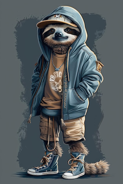 Urban streetwear tshirt design of a sloth wearing a hoodie shorts all star boots and a baseball cap ar 23 stylize 250 Job ID 47b444cb7d8843bc80f50b782cbf417f