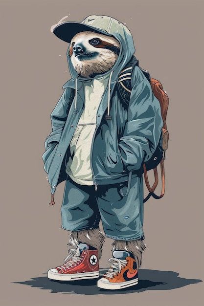 Urban streetwear tshirt design of a sloth wearing a hoodie shorts all star boots and a baseball cap ar 23 stylize 250 Job ID cf80c8d705044c39a2037ecf0e9404a7