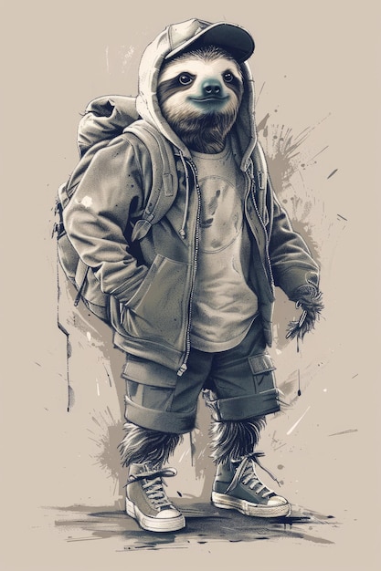 Urban streetwear tshirt design of a sloth wearing a hoodie shorts all star boots and a baseball cap ar 23 stylize 250 Job ID cf80c8d705044c39a2037ecf0e9404a7