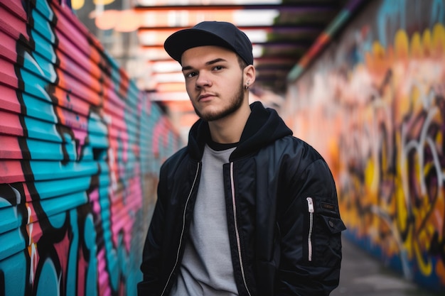 Urban style portrait of a young man with a baseball cap and a bomber jacket