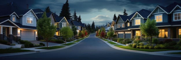 Urban or suburban neighborhood at night houses with lights late evening or midnight homes with garagestrees and driveway Suburb village landscape with cottage buildings street lamps