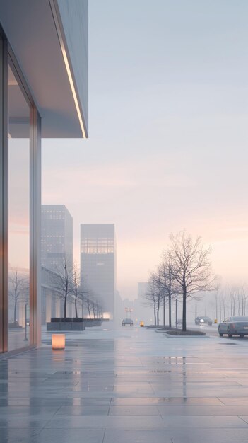 Photo urban sunrise on a quiet modern street with tall buildings and bare trees