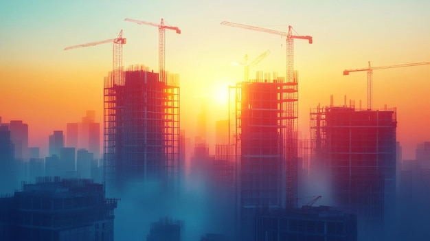 Urban Sunset Construction Site with Cranes and Tall Buildings