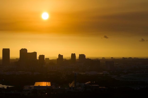 Urban sunset landscape of downtown district of Tampa city in Florida USA Dramatic skyline with high skyscraper buildings in modern american megapolis