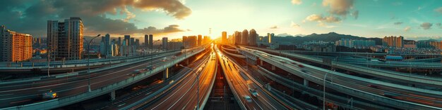 Urban sunset panorama over expressway