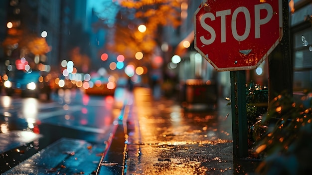 Urban sunset scene with a stop sign and glowing streetlights casting warm light on an empty city street