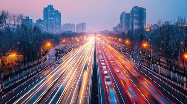 Urban traffic lights streaking at dusk