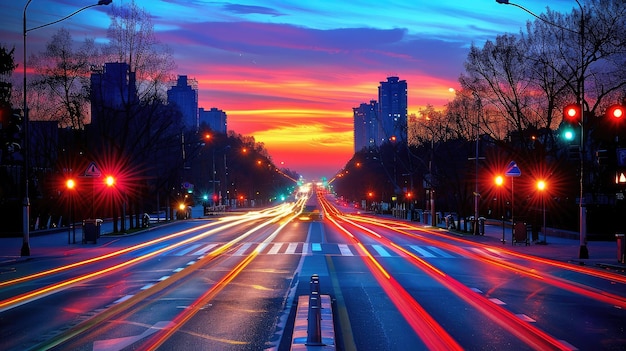 Urban traffic lights streaking at dusk