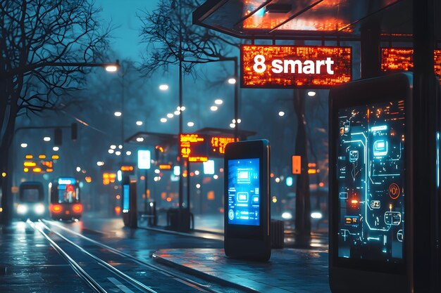 Photo urban transit at night with illuminated smart displays and streetcars