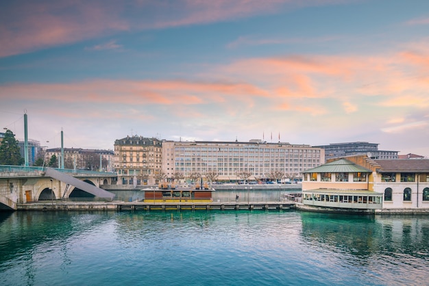 Urban view, Geneva skyline in Switzerland at twilight