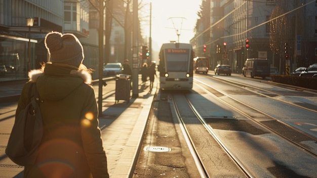 Urban wanderer bathed in golden hour light awaiting a tram in a quiet city scene