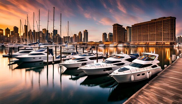 Photo urban waterfront with boats docked along a bustling harbor or marina