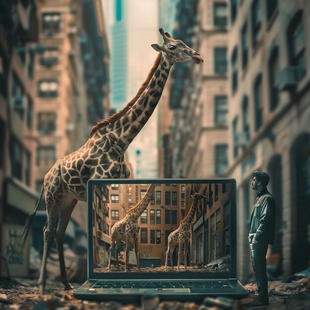 Photo urban wildlife encounter a man with a laptop observes a juvenile and adult giraffe in a city settin