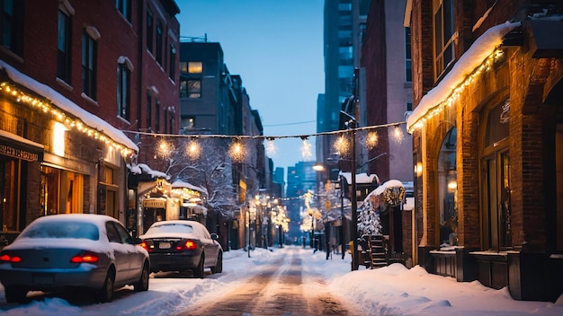 Urban Winter Scene with SnowDusted Streets and Holiday Lights